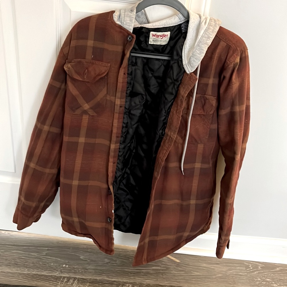 Large Wrangler Authentics Orange/Brown Plaid Woodsman/Mountain Jacket